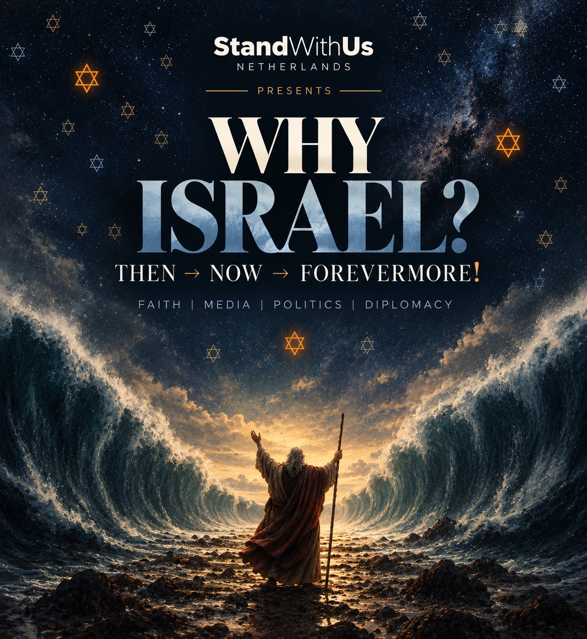 Official WHY ISRAEL? artwork: StandWithUs Netherlands presents THEN → NOW → FOREVERMORE!, above a cinematic scene of the parting sea, with stars of David in gold, blue and three orange accents.